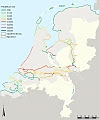 Economically efficient flood protection standards (generated by the CBA). Standards vary between 1/500 and 1/80000 per year. Bron: http://dtvirt35.deltares.nl/products/30040