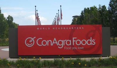 Red sign with white letters and logo for ConAgra's headquarters