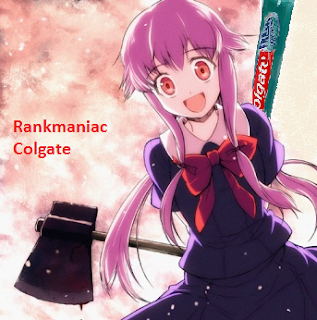 The rankmaniac colgate mascot, A girl hiding a bloody axe and Colgate toothpaste with the words Rankmaniac Colgate