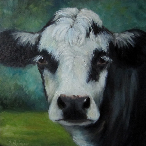 Dancing Brush Art by Cheri Wollenberg Black White Faced Cow Painting