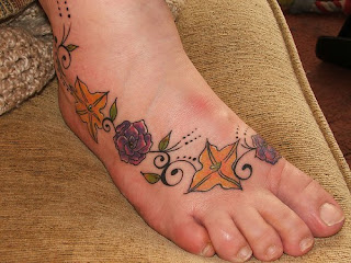 Flowers and Leaves Foot Tattoo - Feminine Tattoo Design