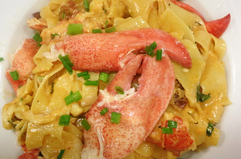 GourMaybe? Lobster Pappardelle with Lobster Mushrooms, Basil and Bacon