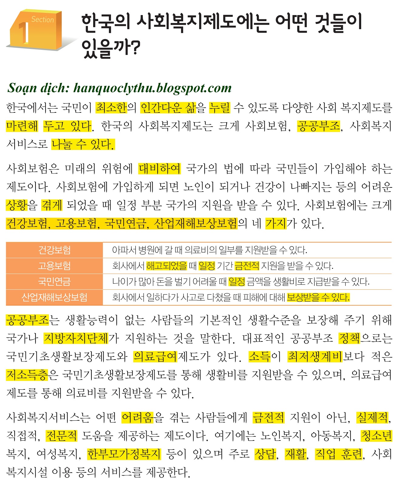 [KIIP lớp 5 - Dịch tiếng Việt] Bài 6. 한국의 복지체계 Hệ thống phúc lợi của Hàn Quốc