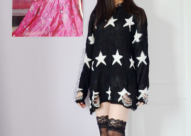 {Fashion Review} Dresslink - Wildfox Star Sweater Dupe Modeled Pair an oversized, ripped sweater with feminine lace-trim socks for an edgy, Harajuku-inspired outfit.