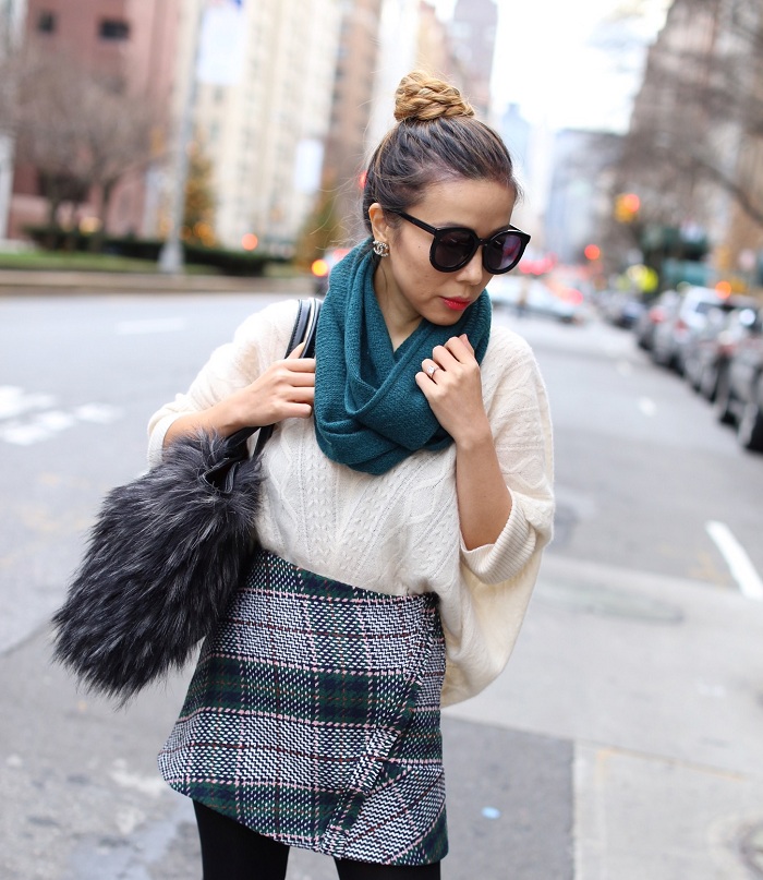 Shall We Sasa Teal Scarf Tweed Plaid Skirt OTK boots halogen teal deep cashmere scarf, chanel earrings, karen walker super duper sunglasses, quinn cashmere sweater, cocorocha botkier paris tote, tory burch simon over the knee boots, Over the knee boots, tweed plaid skirt, winter outfit, street style