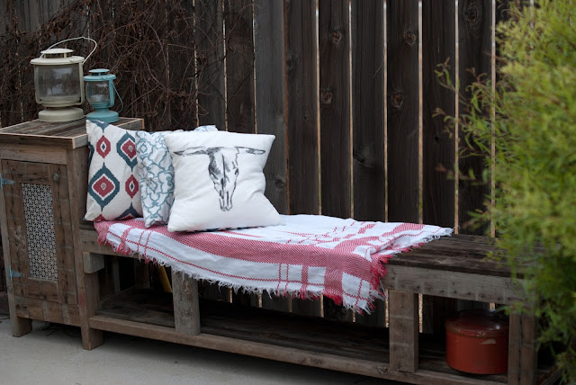 DIY Outdoor Storage Bench with side cabinet, wood storage and fire pit seating