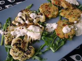 fried cauliflower steak and bread fritters