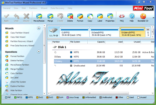 Main Features of MiniTool Partisi Wizard Professional Edition:
Resize/Move Partition: Easily resize/move partition without data loss.
Create, Format, Delete Partition.
Convert Partition format from FAT to NTFS.
Hide and Unhide Partitions, set active partition, label drive letter.
Merge Partition. NEW!
Hot Extend Partition without reboot. NEW!
Change cluster size without data loss. NEW!
Support Linux Ext2, Ext3. NEW!
Partition Copy: Copy entire partition to unallocated space with high performance file-by-file. moving technology. Backup or move data without any data loss.
Partition Recovery: Scan disk to restore deleted or damaged partitions.
Hard Disk Copy: Copy an entire disk to a different diskquickly and easily with data clone technology. Backup disk data without data loss.
Support Windows 32/64 bit Operating Systems.
Visually demonstrate your disk/partition configuration to preview changes before apply.
Support RAID.
Support single disks or partitions larger than 2 TB
Support up to 32 hard disks within one system.
Set partition as primary.
Set partition as logical.
Rebuild MBR.
Convert Dynamic Disk to Basic Disk.
Disk Surface Test.
Partition Surface Test.
Change Partition Serial Number.
Change Partition Type ID