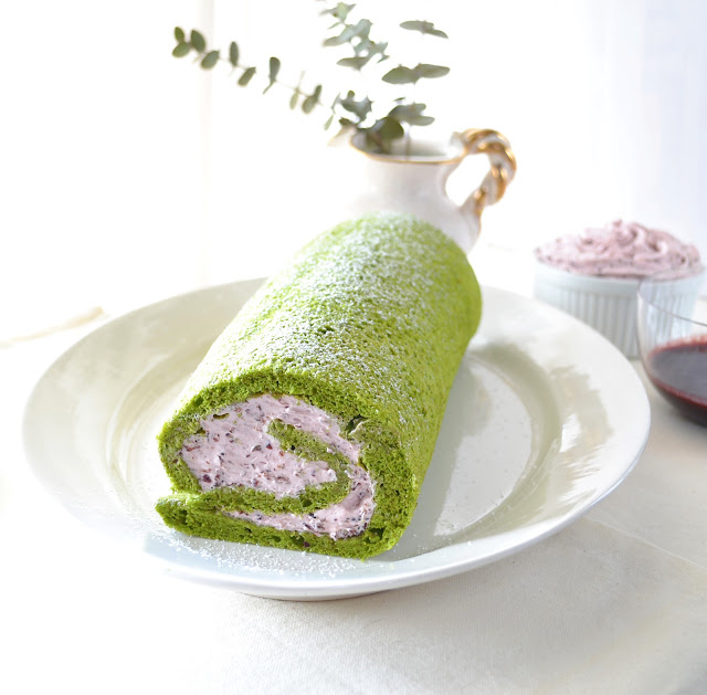 Green Tea Roll Cake with Cherry Mousse Filling