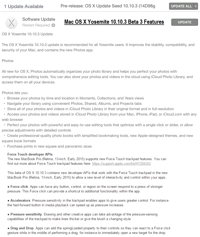 Mac OS X Yosemite 10.10.3 Beta 3 (14D98g) Features and Changelog Mac OS X Yosemite 10.10.3 Beta 3 (14D98g) Features and Changelog