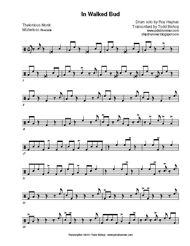 cruise ship drummer transcription roy haynes in walked bud in walked bud sheet music