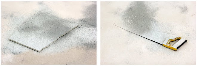 ash, marble dust and pigment scattered evenly over various tools and materials