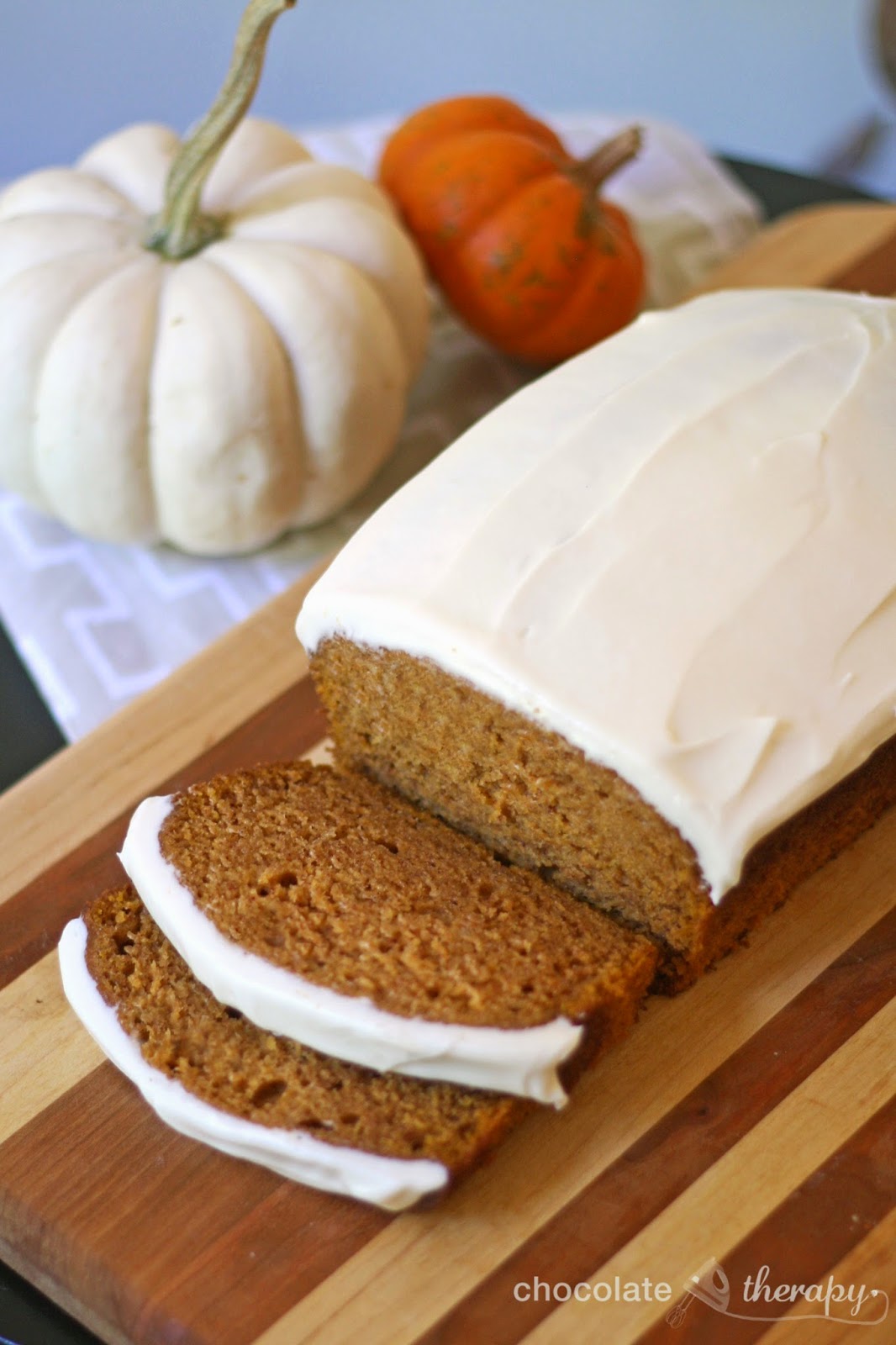 Chocolate Therapy Pumpkin Bread with Cream Cheese Frosting