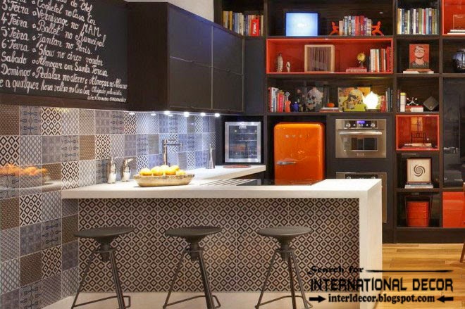 loft interior design style in the home, loft style kitchen with bar and shelves