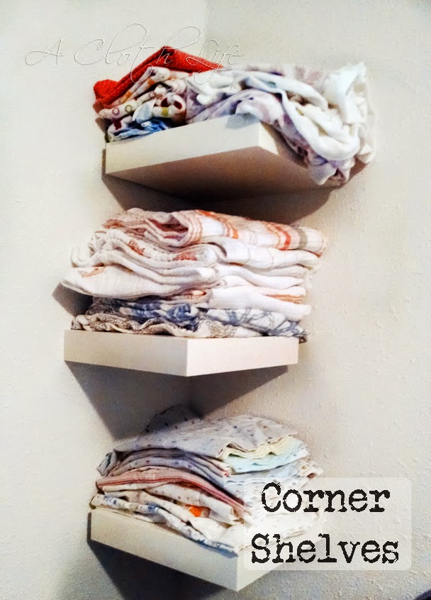 Nesting, Crafting: Preparing for Baby #3 {corner shelves} via A Cloth Life