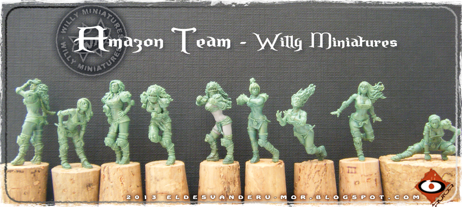 Foto de varias miniaturas del Equipo Blood Bowl de Amazonas de WILLY Miniatures hechas por ªRU-MOR. Catcher, Blitzers, thrower and linewoman, fantasy football