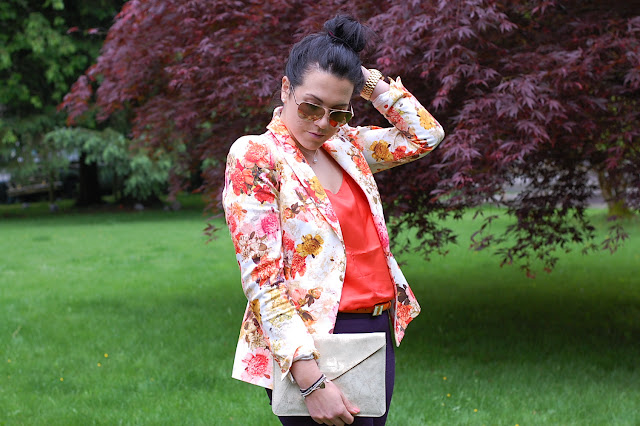 Zara floral blazer, J.Crew city pants, Joe Fresh silk pajama tank, Tory Burch Reva flats and a gold Gap clutch