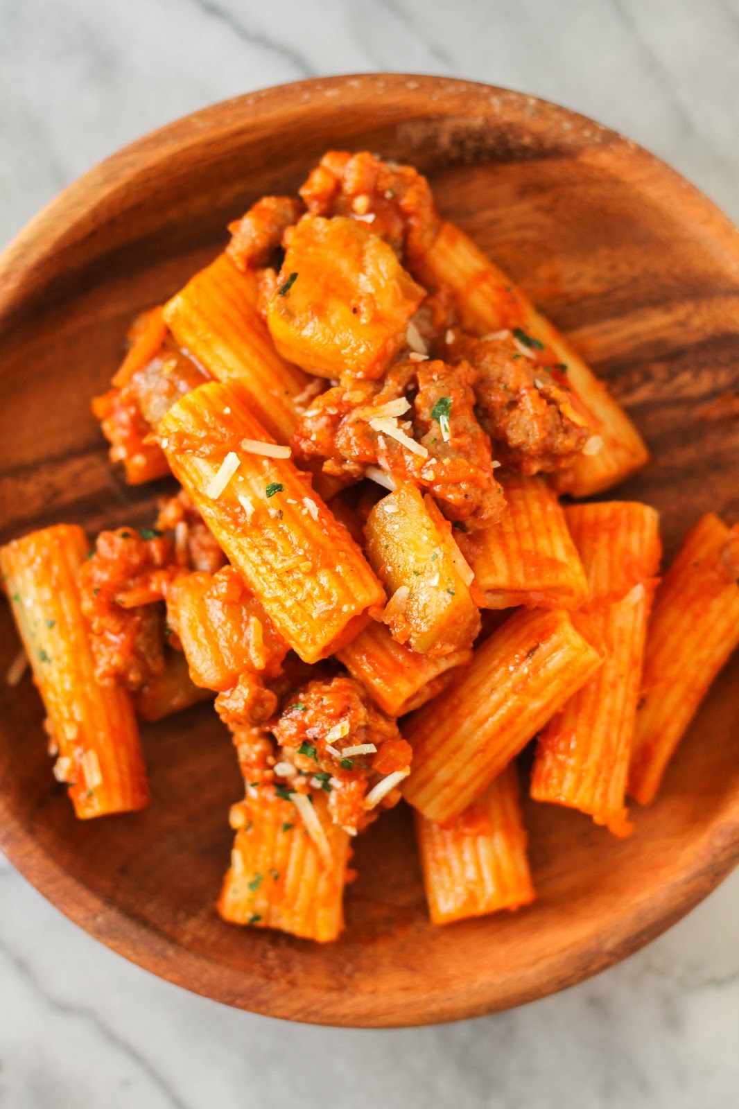 Ziti with Eggplant, Sausage and Parmesan