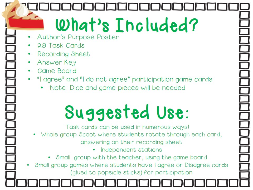 Author's Purpose Task Cards 28 Task Cards Game Board 