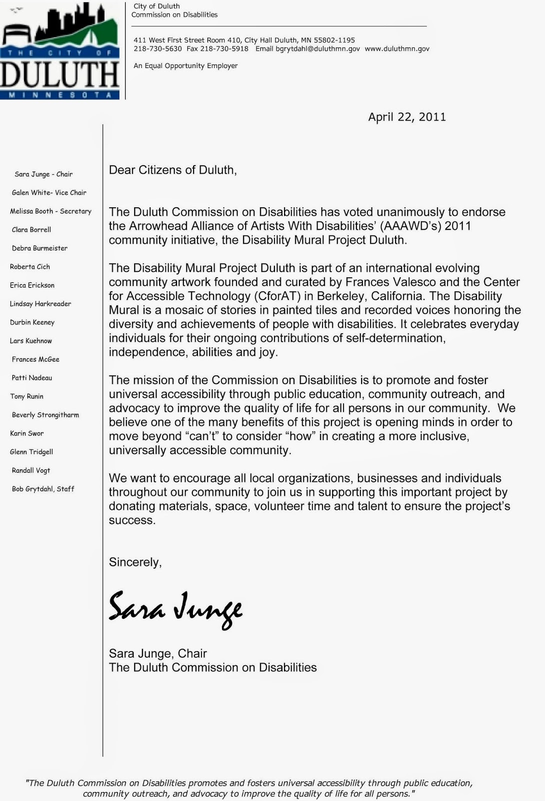 Disability Mural Project Duluth Letter of Support from the Duluth