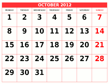 Oktober 2012 kalender