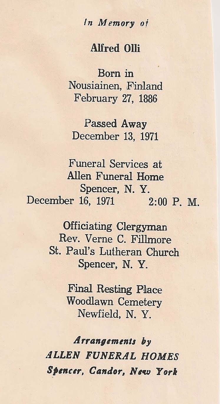 Growing up in Willow Creek Funeral Card Friday Alfred Olli