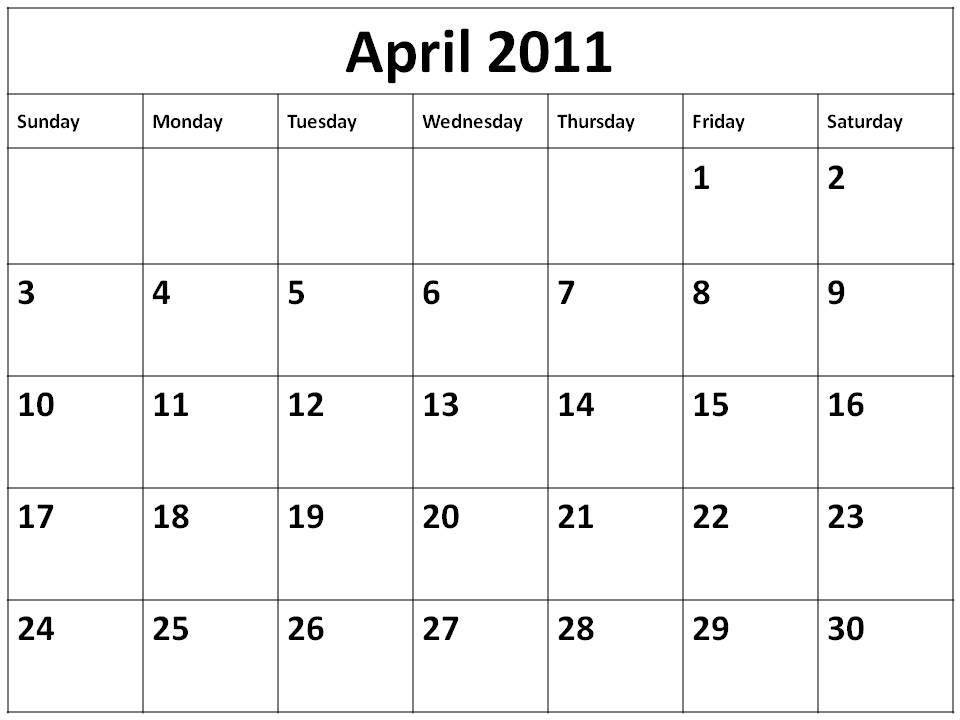blank 2011 calendar april. Blank 2011 Calendar April