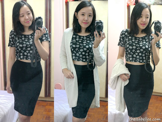 Sailor cropped top, white cardigan and black bodycon skirt