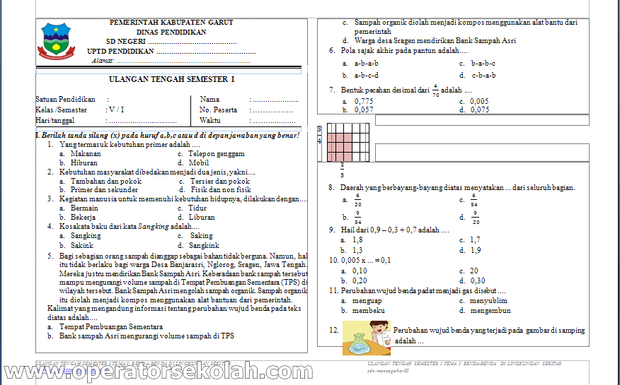 Soal UTS (Ujian Tengah Semester) SD Kelas V (5) Kurikulum