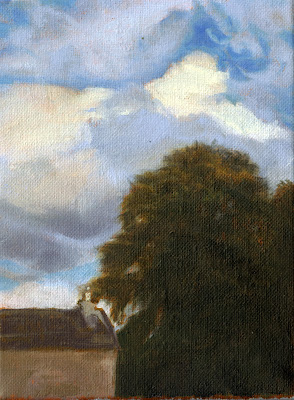 Katherine Kean, Sky Gazing Behind Lindsayland, contemporary landscape painting, Scotland, clouds, sky, tree, small