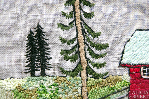 "Farfarstugan" (detail), embroidery by Alicia Sivertsson, 2015. "Farfarstugan" (detail), embroidery by Alicia Sivertsson, 2015. Alicia Sivert, aliciasivert, fritt broderi, needlework, hoop art, textile art, textilkonst, textil, konst, hus, hem, byggnad, house, 1700-tal, natur, sverige, fjällen, kreativitet, skapande, skapa, brodera, hantverk, franska knutar, french knots, röd stuga, stugor, house, home, hut, cabin