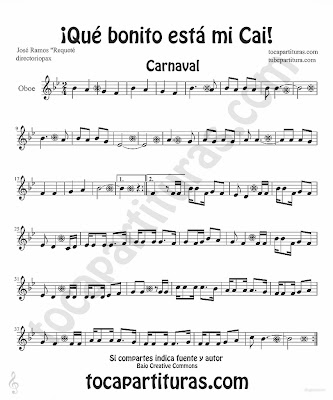 Tubepartitura Qué Bonito está mi Cai partitura para oboe tema de la mítica Chirigota del Carnaval de Cadiz El Profesor Majareta y los Niños Probeta