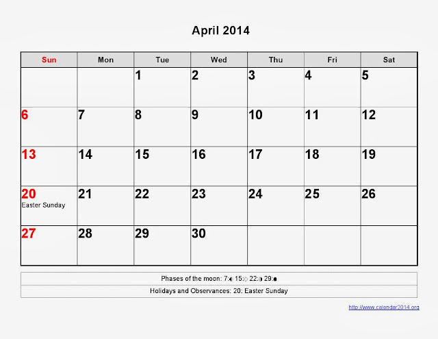 April 2014 Calendar Printable #3 - Printable Calendar 2014, Blank