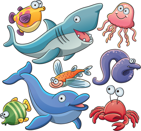 Animales marinos tipo cartoon - vector