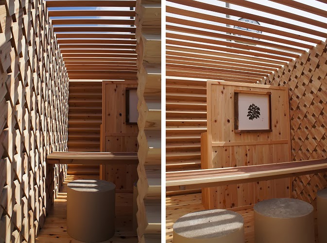 Casa de té en el bosque. Celosías con bloques de madera|Espacios en madera