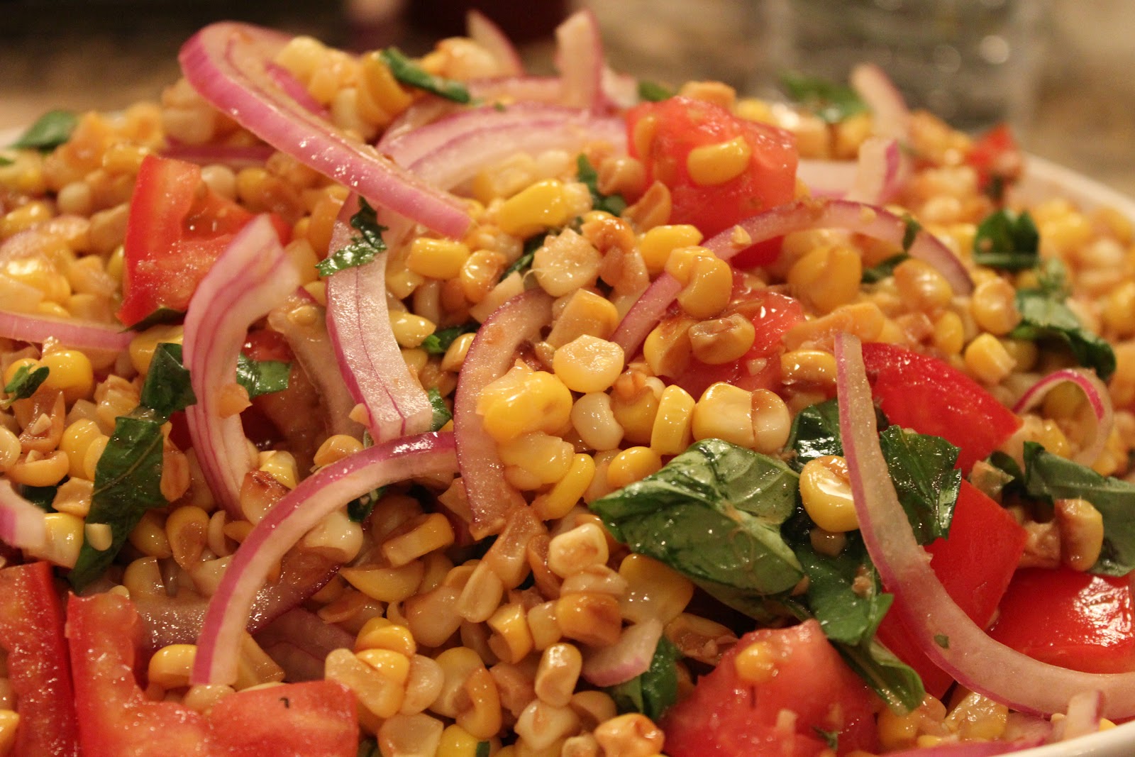 Delicious Dishings Corn Salad With Basil, Tomatoes, And Red Onion