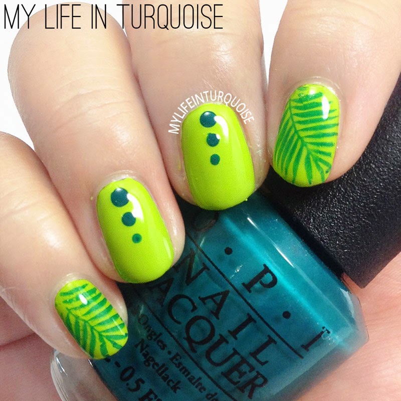 My Life in Turquoise 31DC2014 Day 04 Green Nails Tropical Leaves