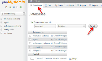 создание MySQL базы данных под panelWM в phpMyAdmin