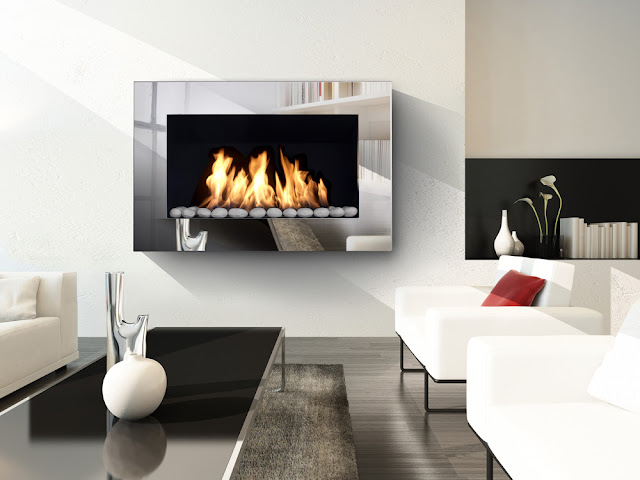 Premium Mirrored finish fireplace can be hung on wall.