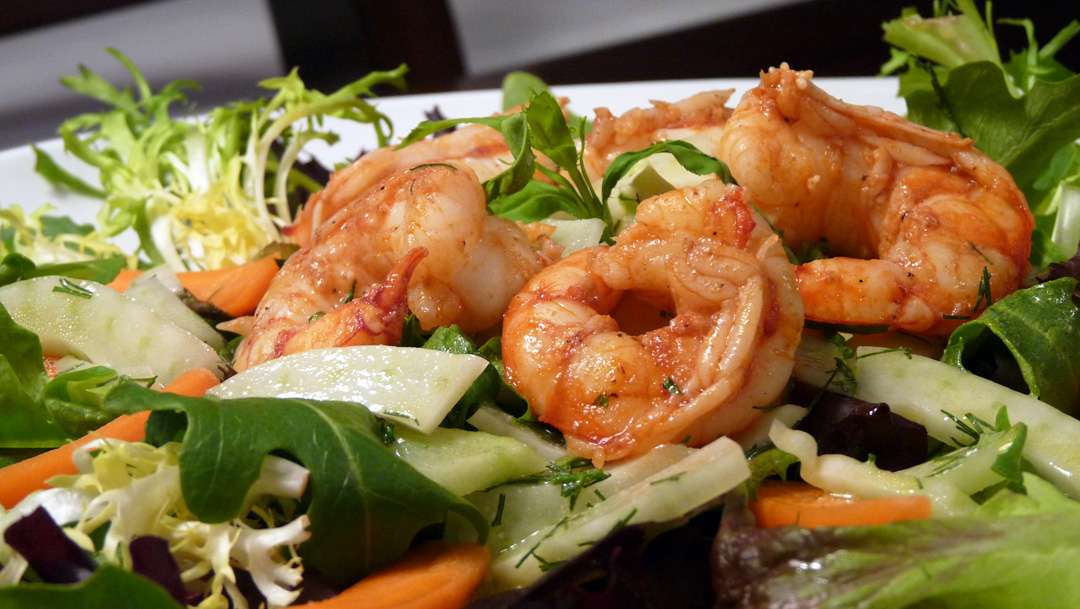 Tarragon Shrimp Over Herb Salad with LemonFennel Vinaigrette