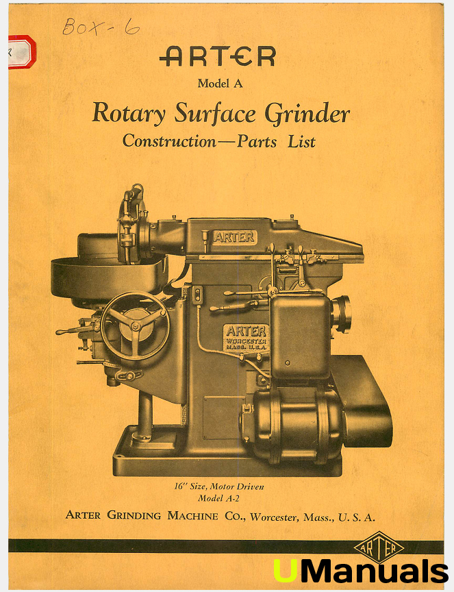 Machinery Manuals Arter Model A Rotary Surface Grinder Parts Manual