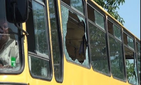 Windows on the ‪Serbia‬n children's bus stoned ‪Gazimestan‬ ‪Kosovo‬  by Albanians