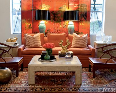 chinoiserie coral sofa decor elle laranja lacquer sala lampshades screen shades aqua asian via inspired decorao source drum living paired