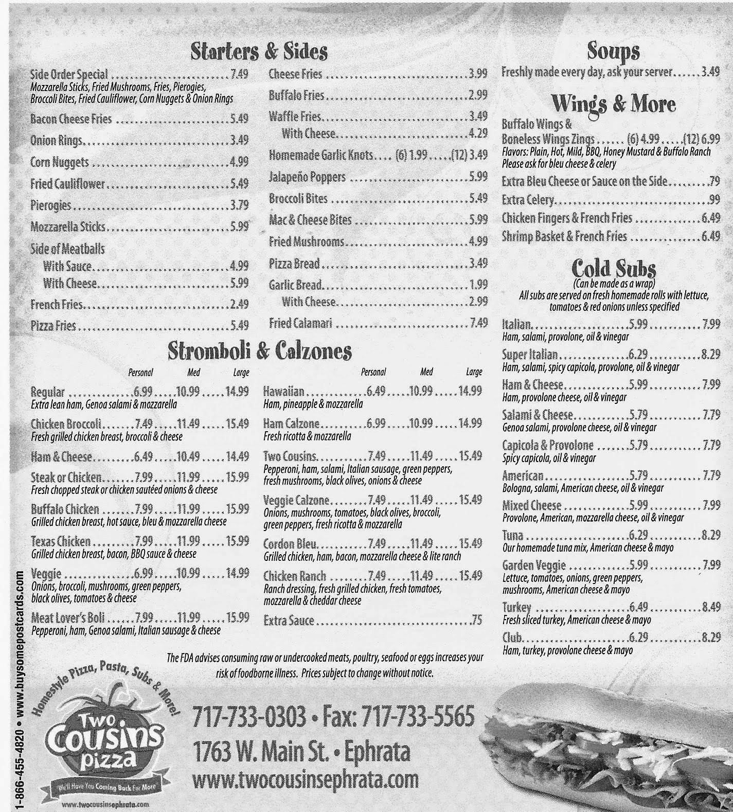 Lancaster/Reading PA Menus Menu Two Cousins Ephrata, PA