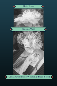 http://www.dragonflyandlilypads.com/2015/01/love-blends-four-generations.html Hair bows made from Great Grandma's and Nana's Wedding dress connects 4 generations.