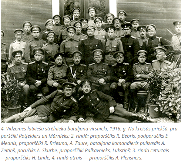 Vidzemes latviešu strēlnieku bataljona virsnieki 1916. gadā, kur redzams arī Haralds Linde