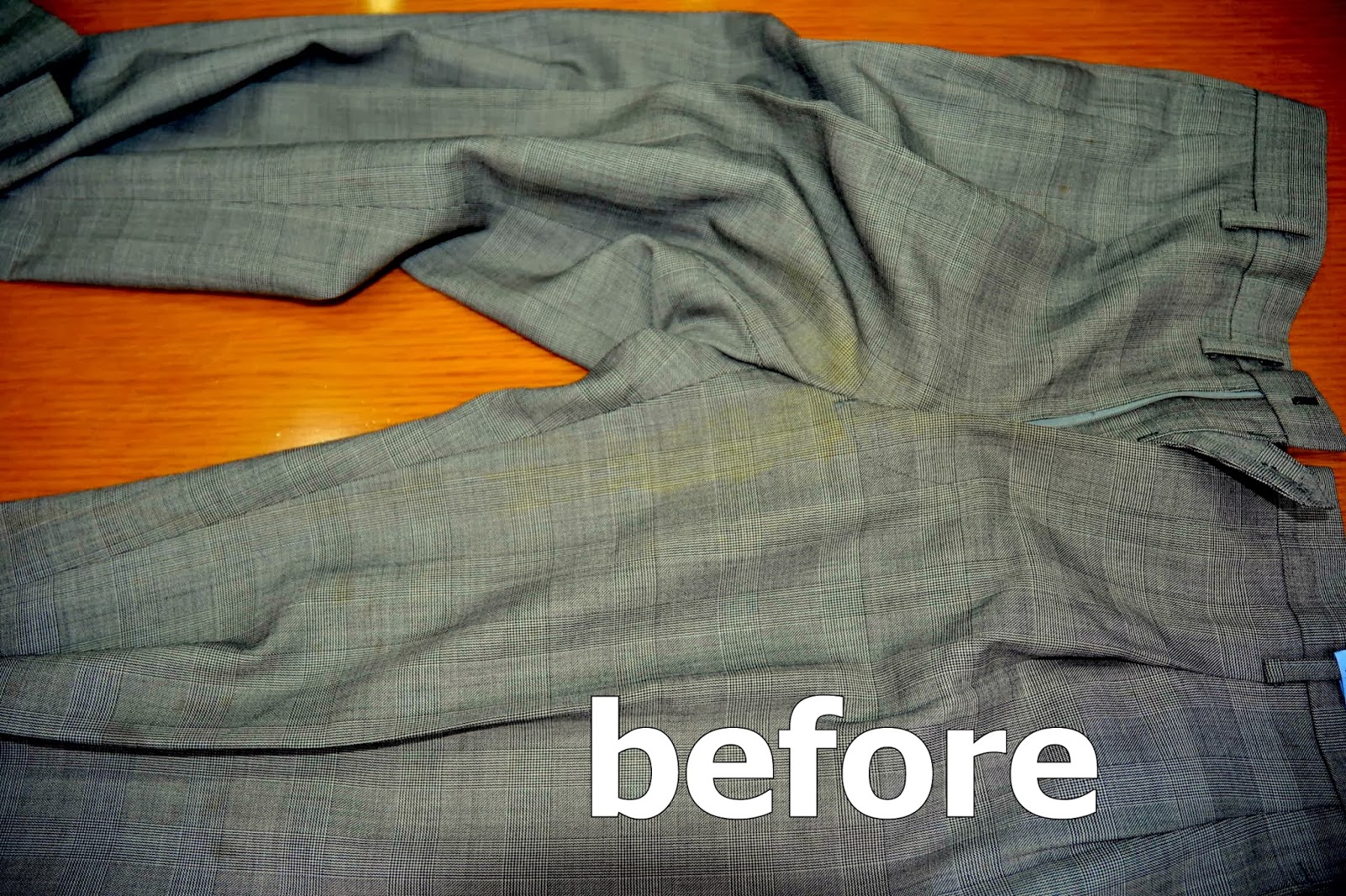 千葉クリーニング商会 ワークステーション便り スーツ水洗いその2 パンツ 尿による黄ばみ シミ抜き実例