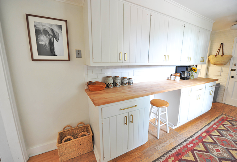 DIY Modern White Eclectic Kitchen DIY Renovation Before and After basket dog