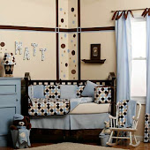 Crib set in blue and browns
