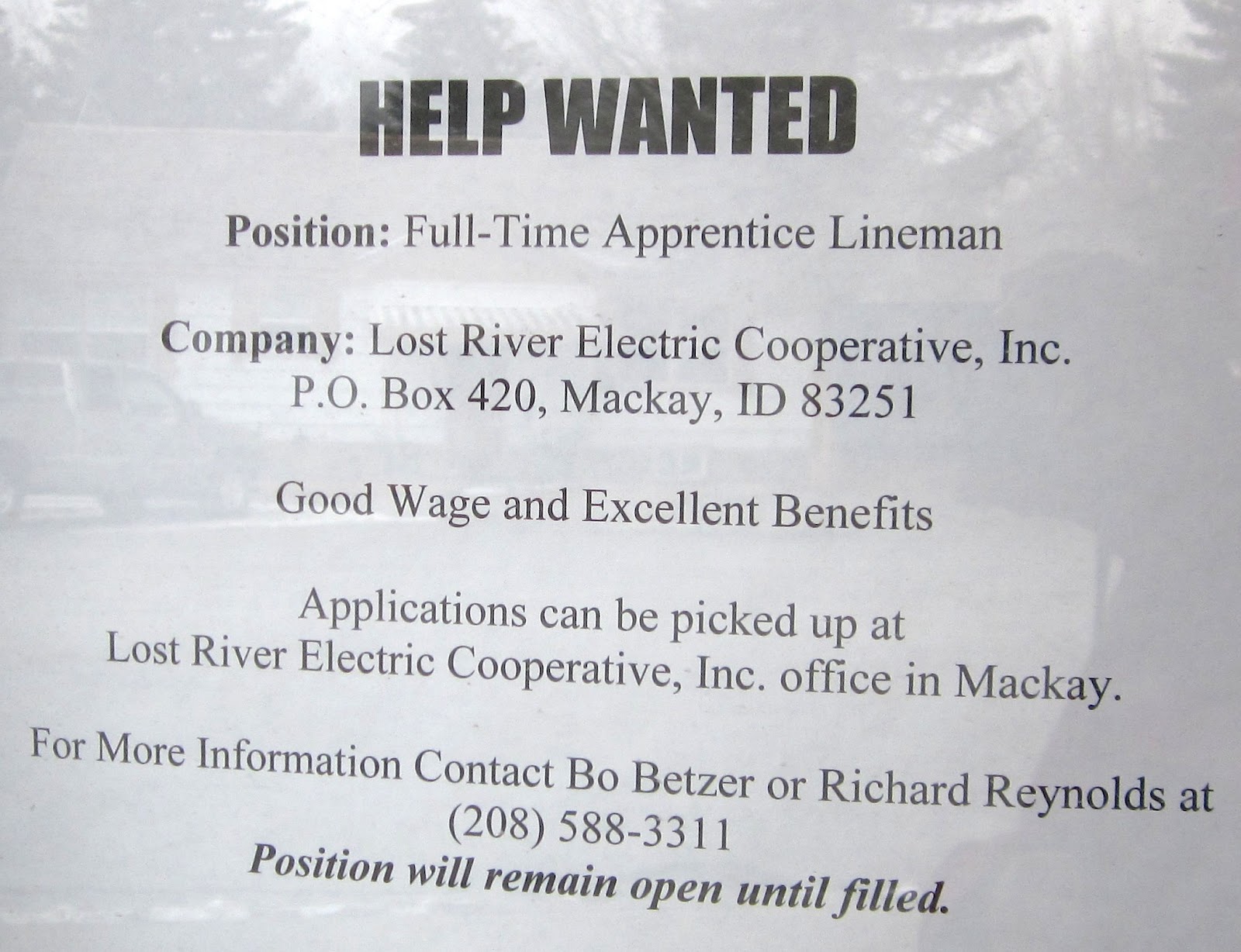 Mackay, Idaho 83251 Lost River Electric Coop Apprentice Lineman Job Ad
